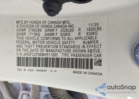 2021 Honda Civic Sport from USA, damaged, VIN 2HGFC2F88MH511890